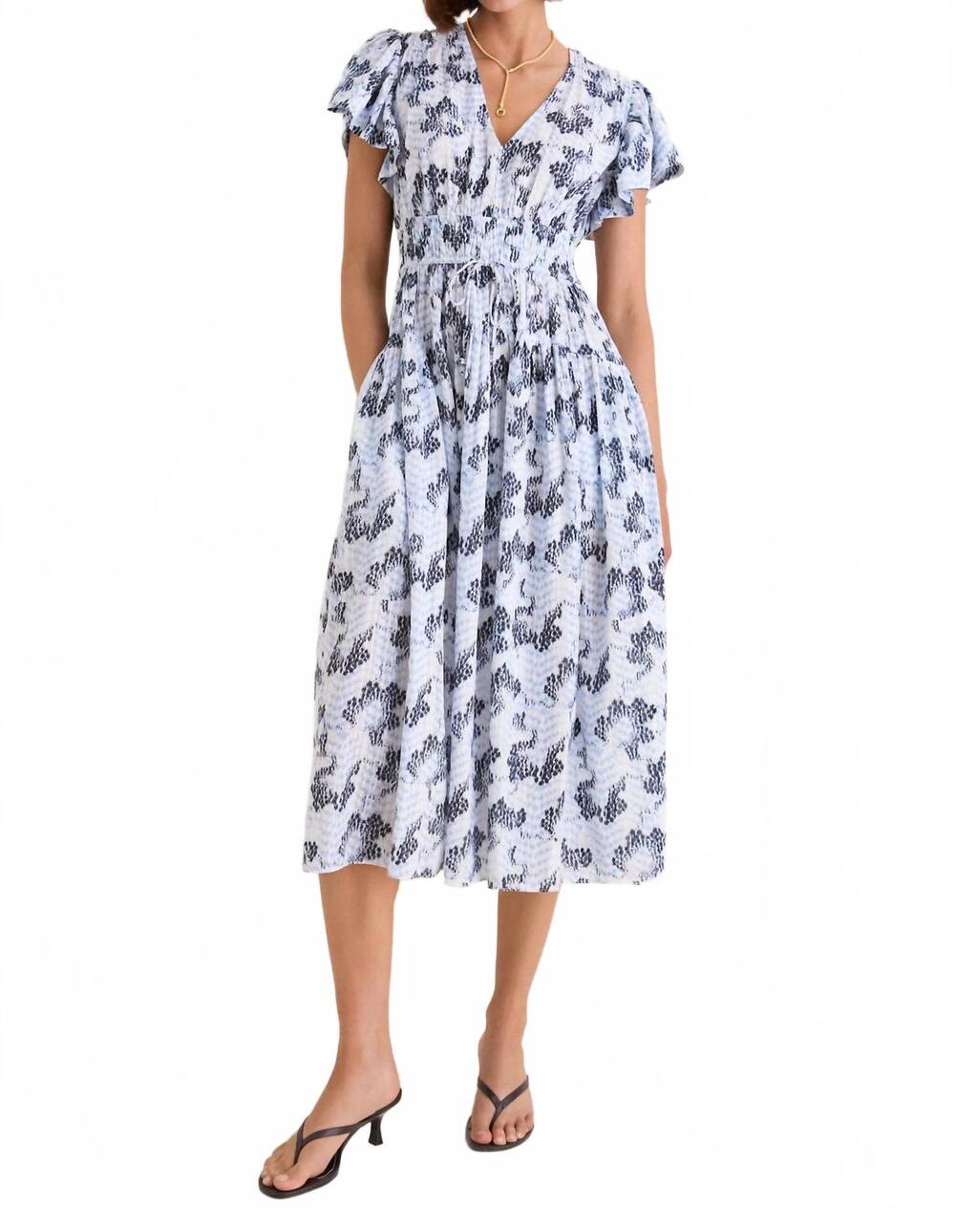 NEW ULLA JOHNSON lyria printed cotton midi dress in ciel
